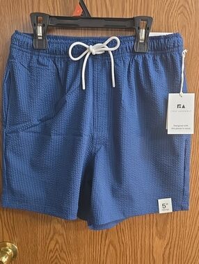 Free Assembly Blue Seersucker Swim Trunks with White Drawstring